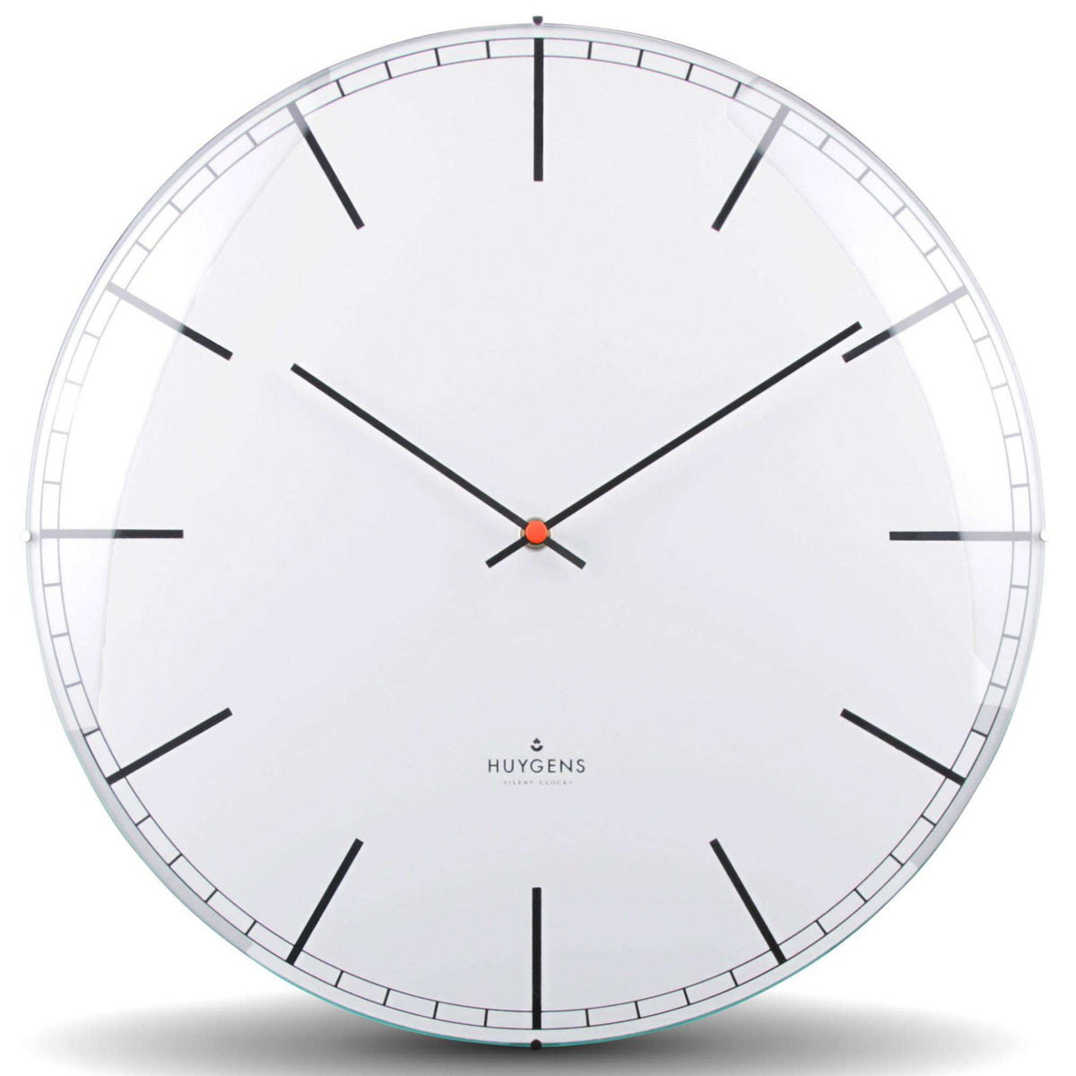 Round white clock face with black hands, minute markings, and Huygens logo at center