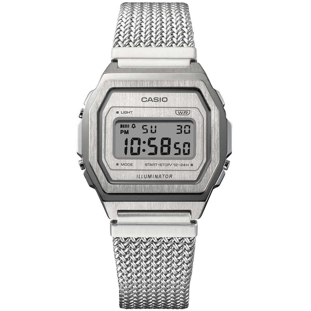 Casio octagonal stainless steel digital watch with metal mesh bracelet and LCD time display