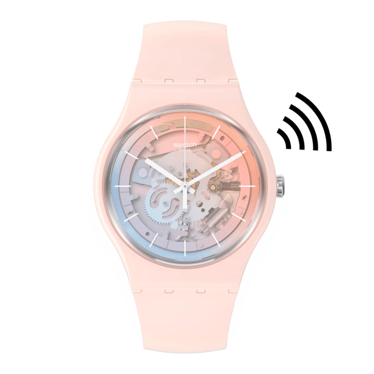 Unisex pink silicone strap analog watch with see-through skeleton dial and white hour markers