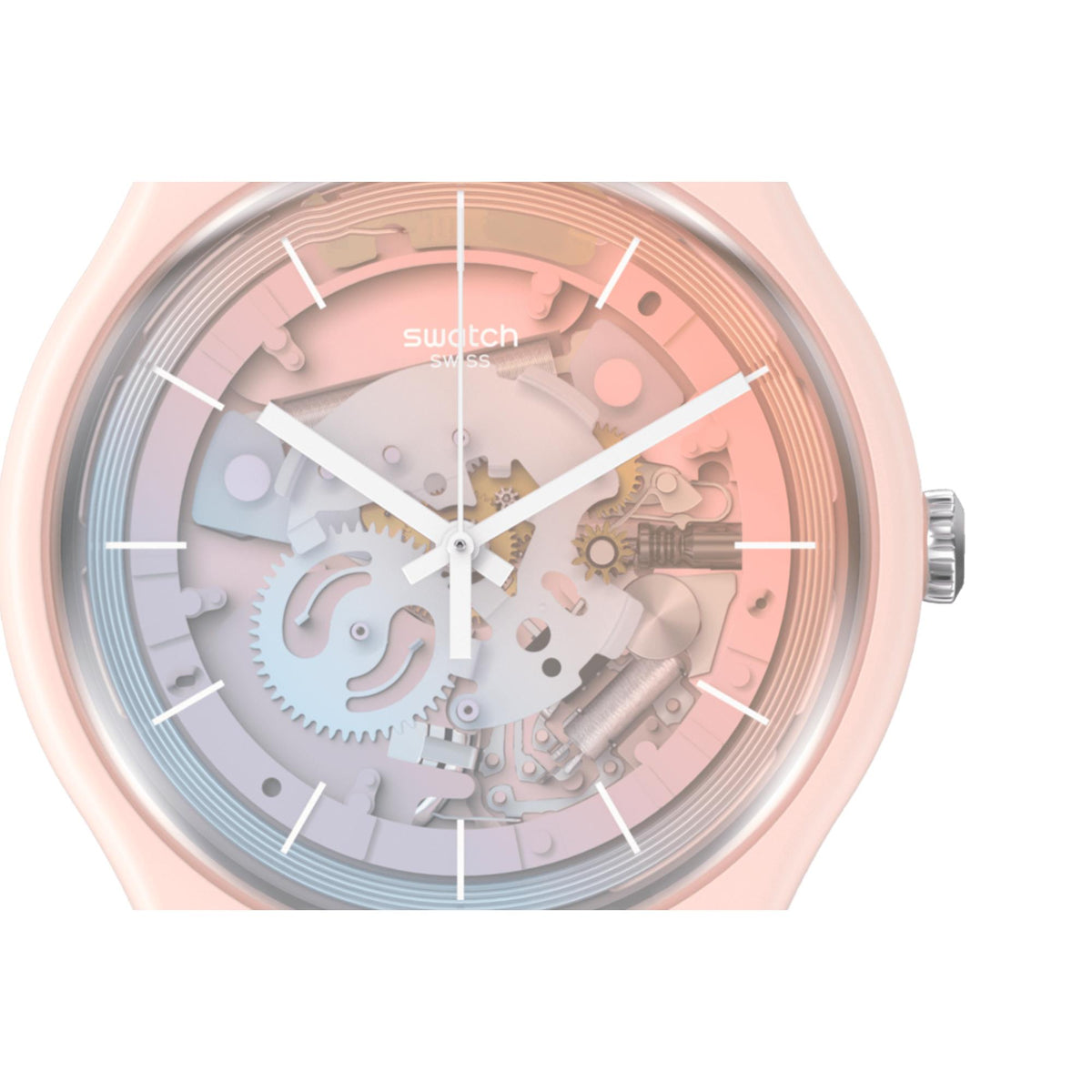 Pink silicone strap analog watch close-up: see-through skeleton dial with white hands and markers