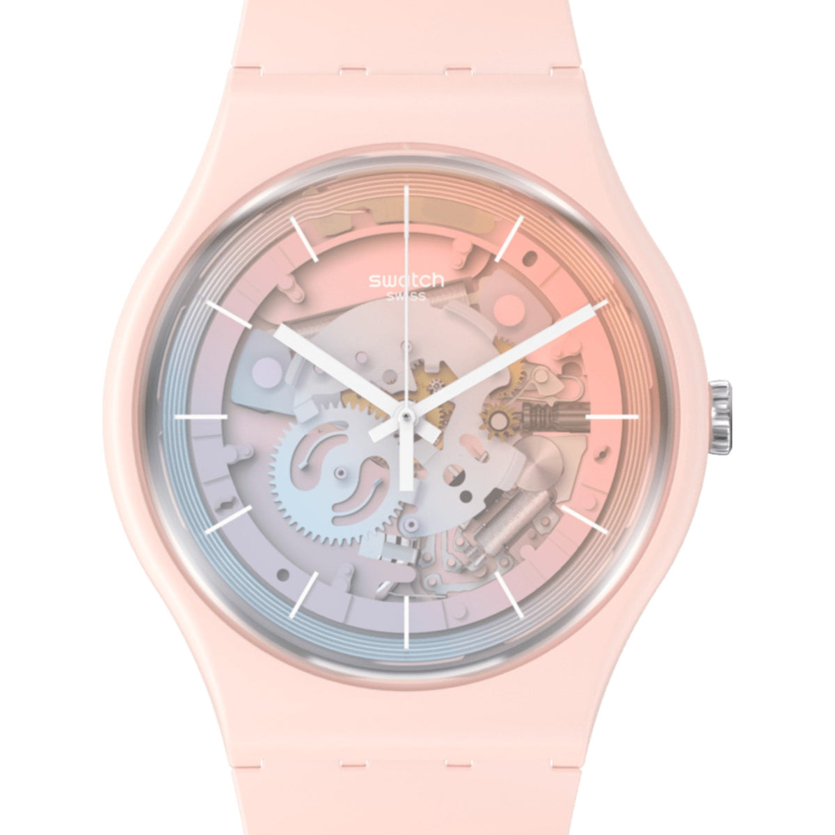 Pink silicone strap unisex analog watch with see-through skeleton dial and white hands