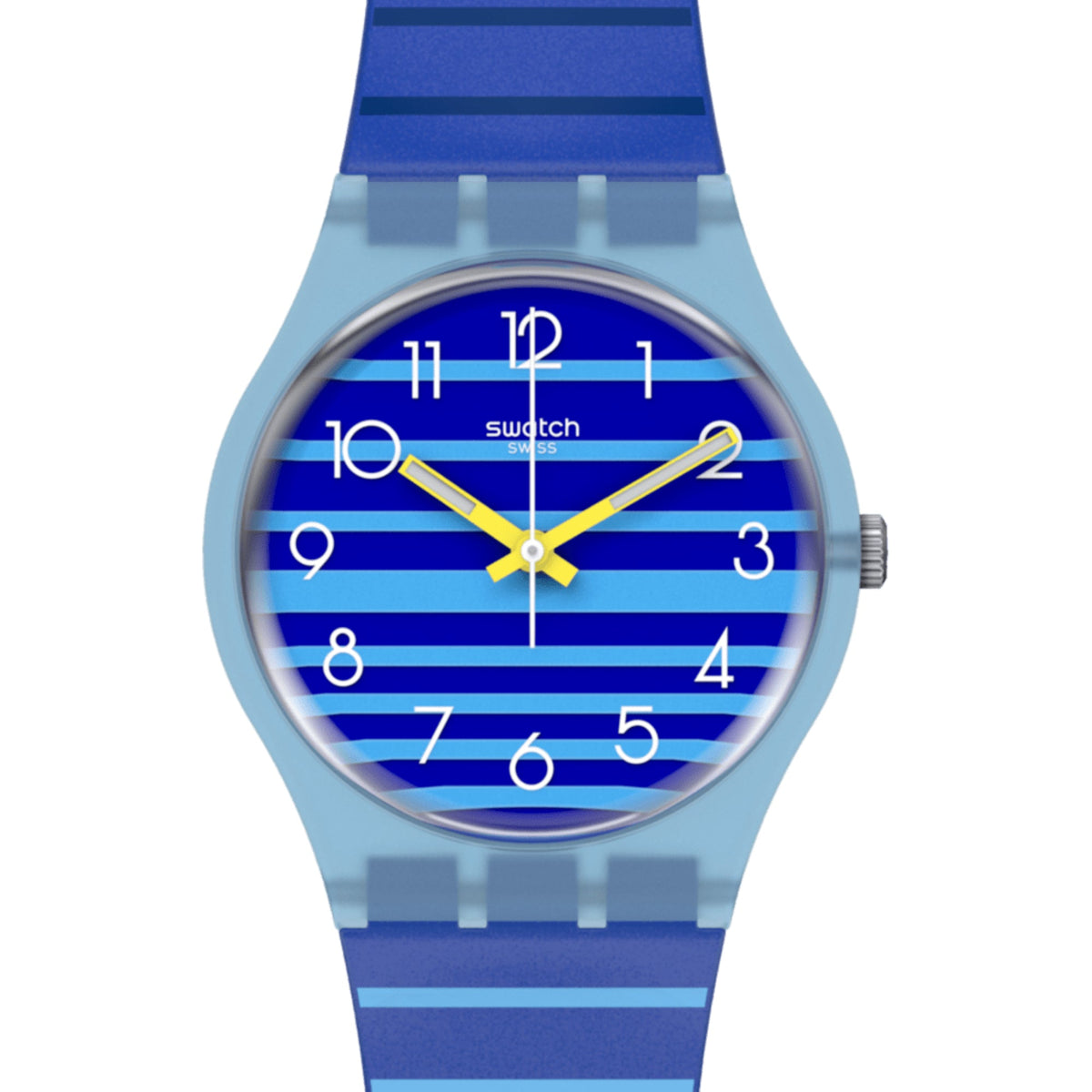 Ladies quartz watch with blue striped dial, yellow hands, silver case, silicone strap
