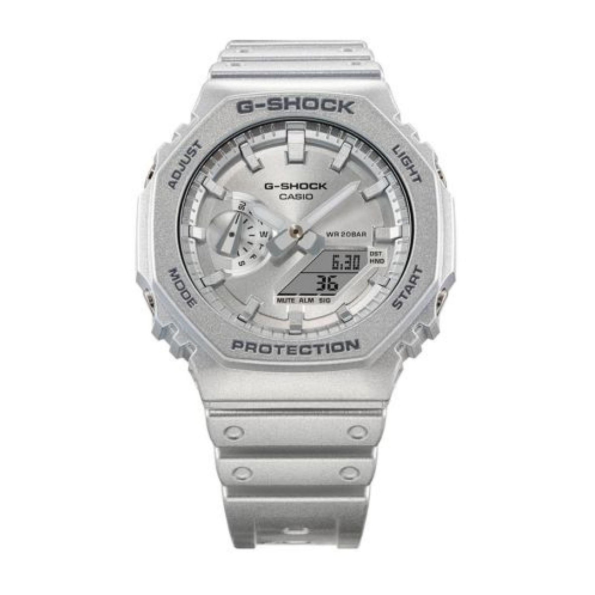 Silver men's G-Shock wristwatch with raised bezel and multi-function digital display
