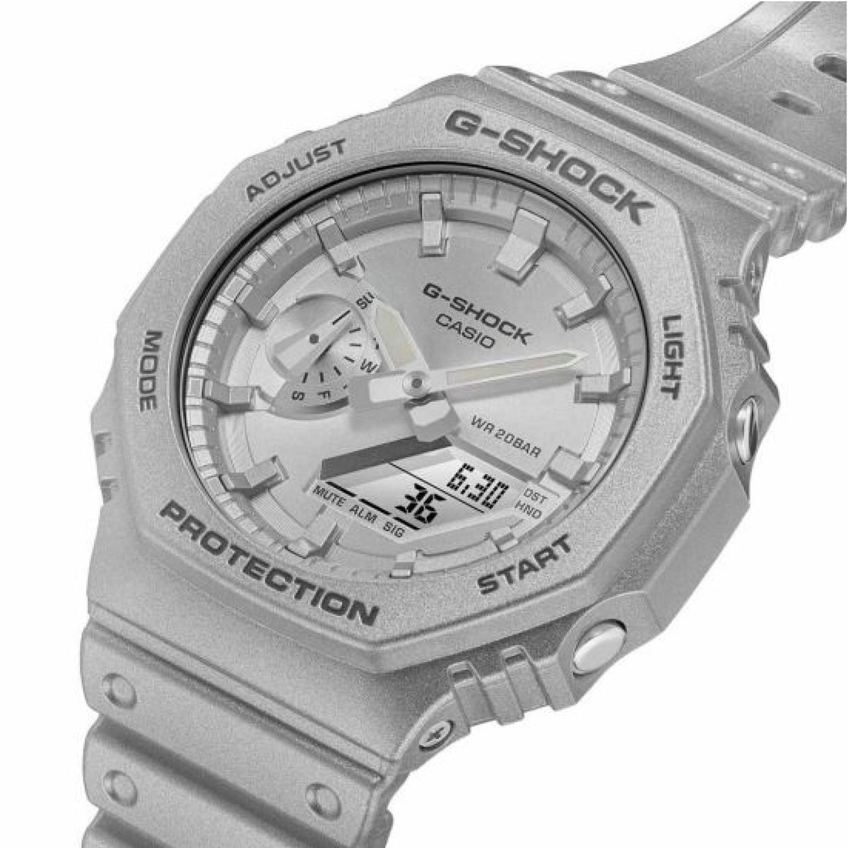 Silver G-Shock watch front close-up showing bezel markings and digital screen