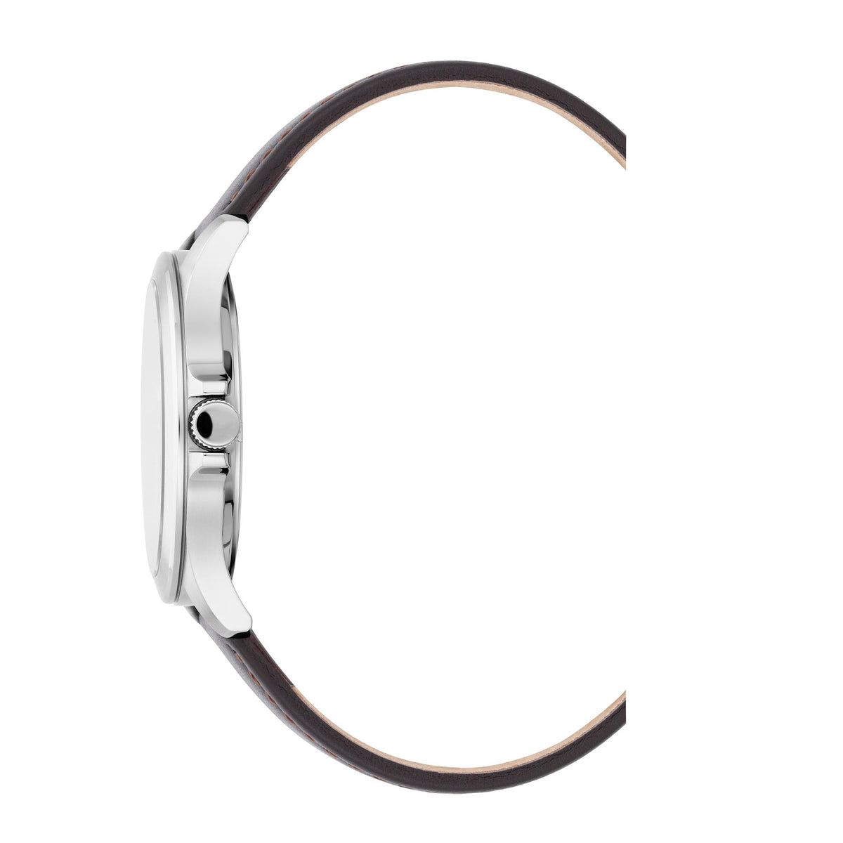 Stainless steel watch case profile with brown leather strap