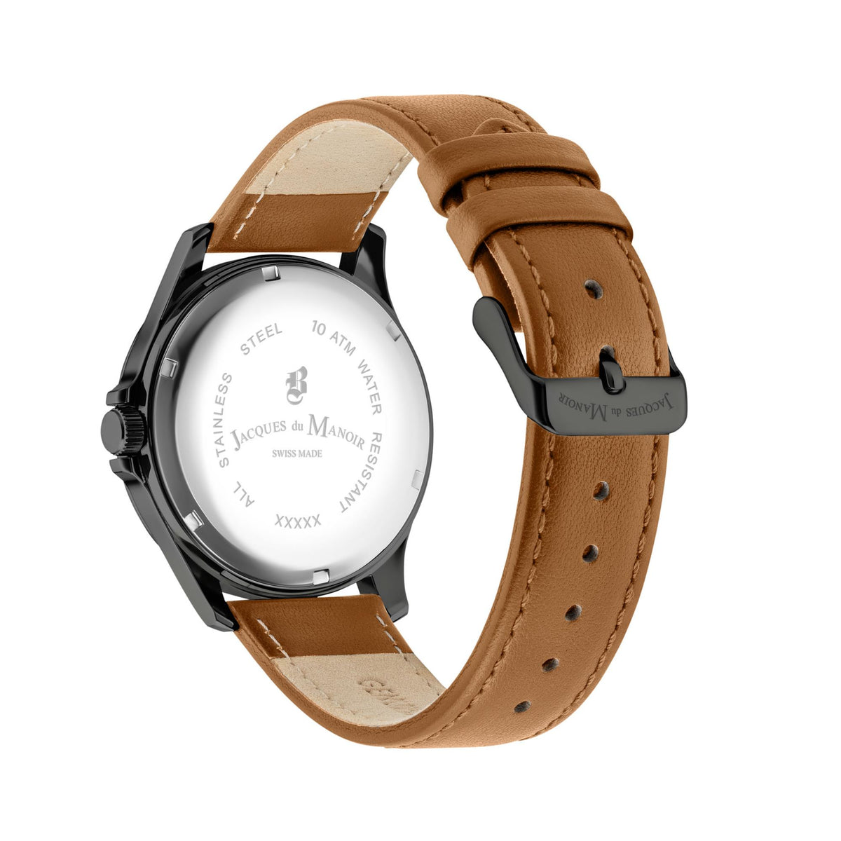 Tan leather strap with stitching and stainless case back; pin buckle and strap holes.