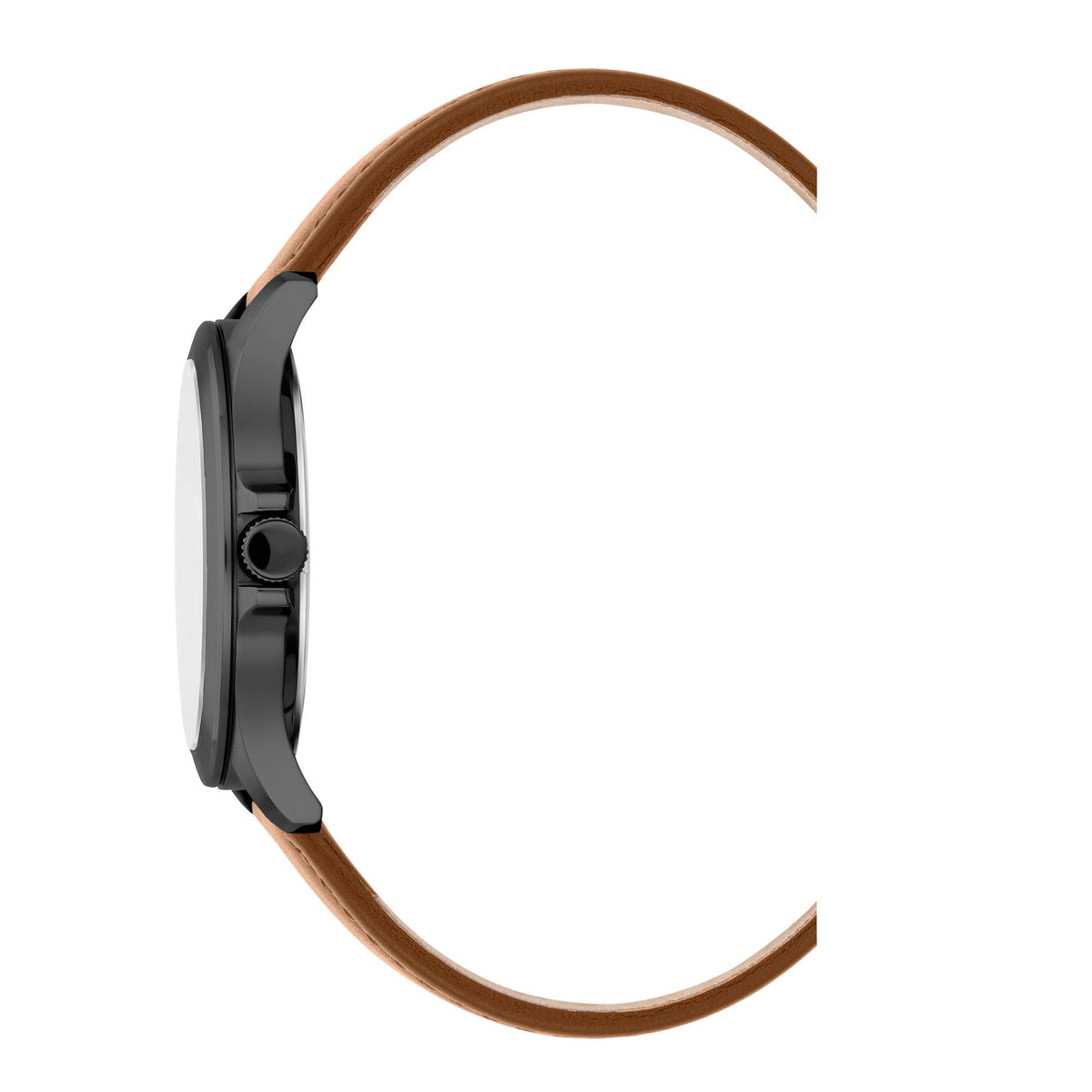 Black watch case side with crown, tan leather strap loop.