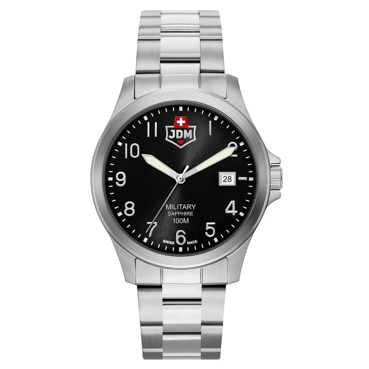 Men's stainless steel watch with black dial, luminous markers, and date window