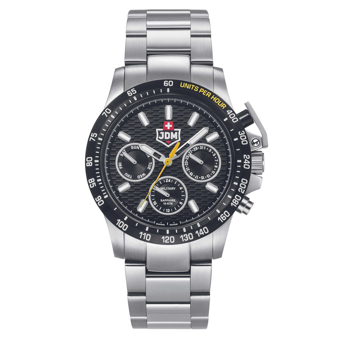 Men's stainless steel watch with black dial, subdials, and yellow seconds hand
