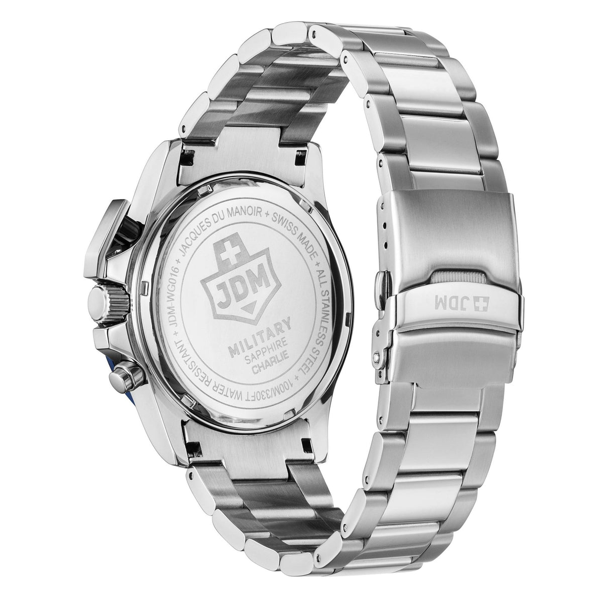 Stainless steel caseback engraved MILITARY with cross emblem and link bracelet