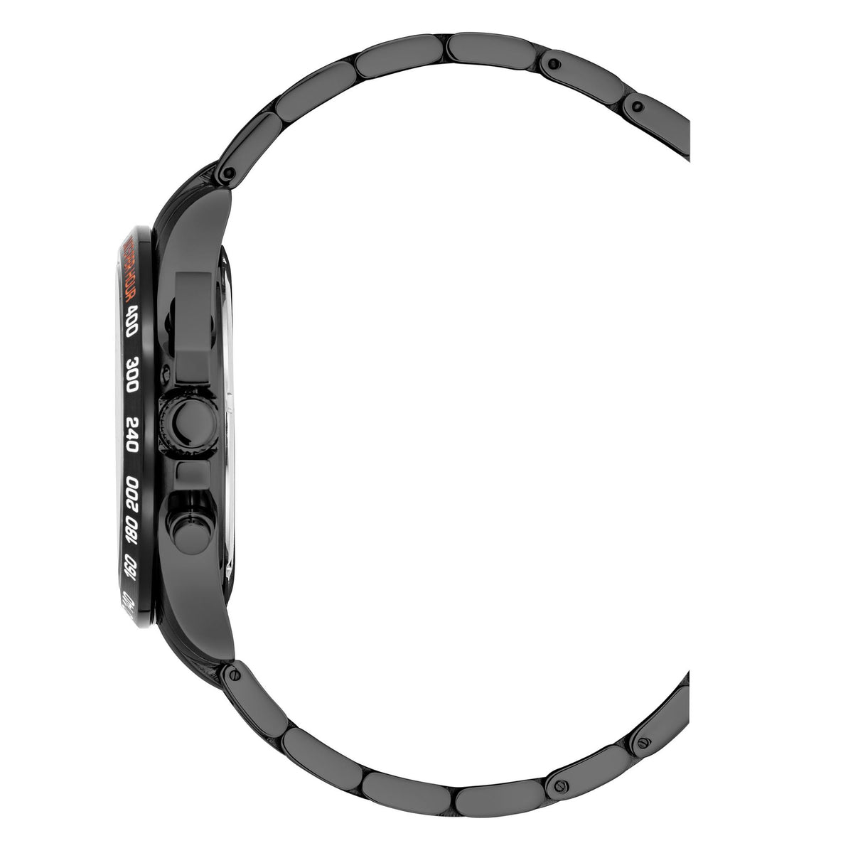 Black wristwatch with crown and case edge, metal link bracelet, side profile view