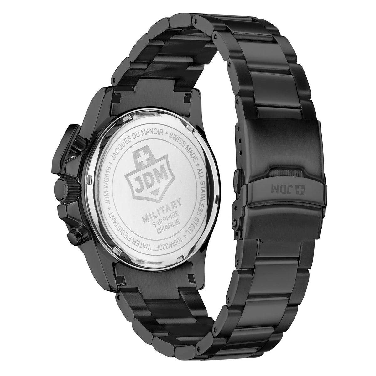 Black metal wristwatch with engraved caseback and link bracelet, angled view