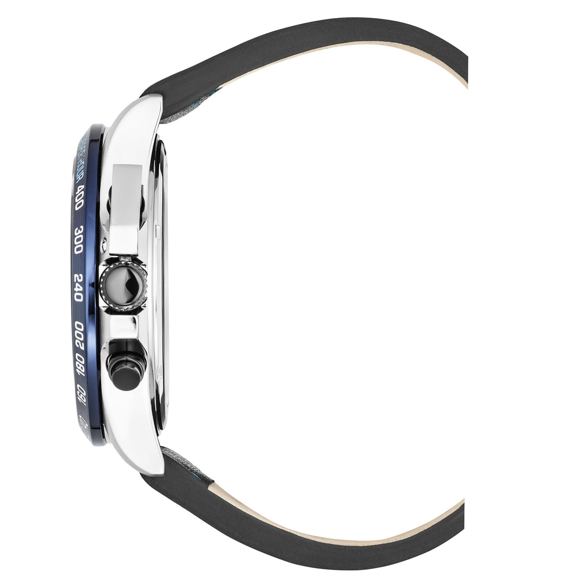 Men's wristwatch side view with black leather strap and silver metal case