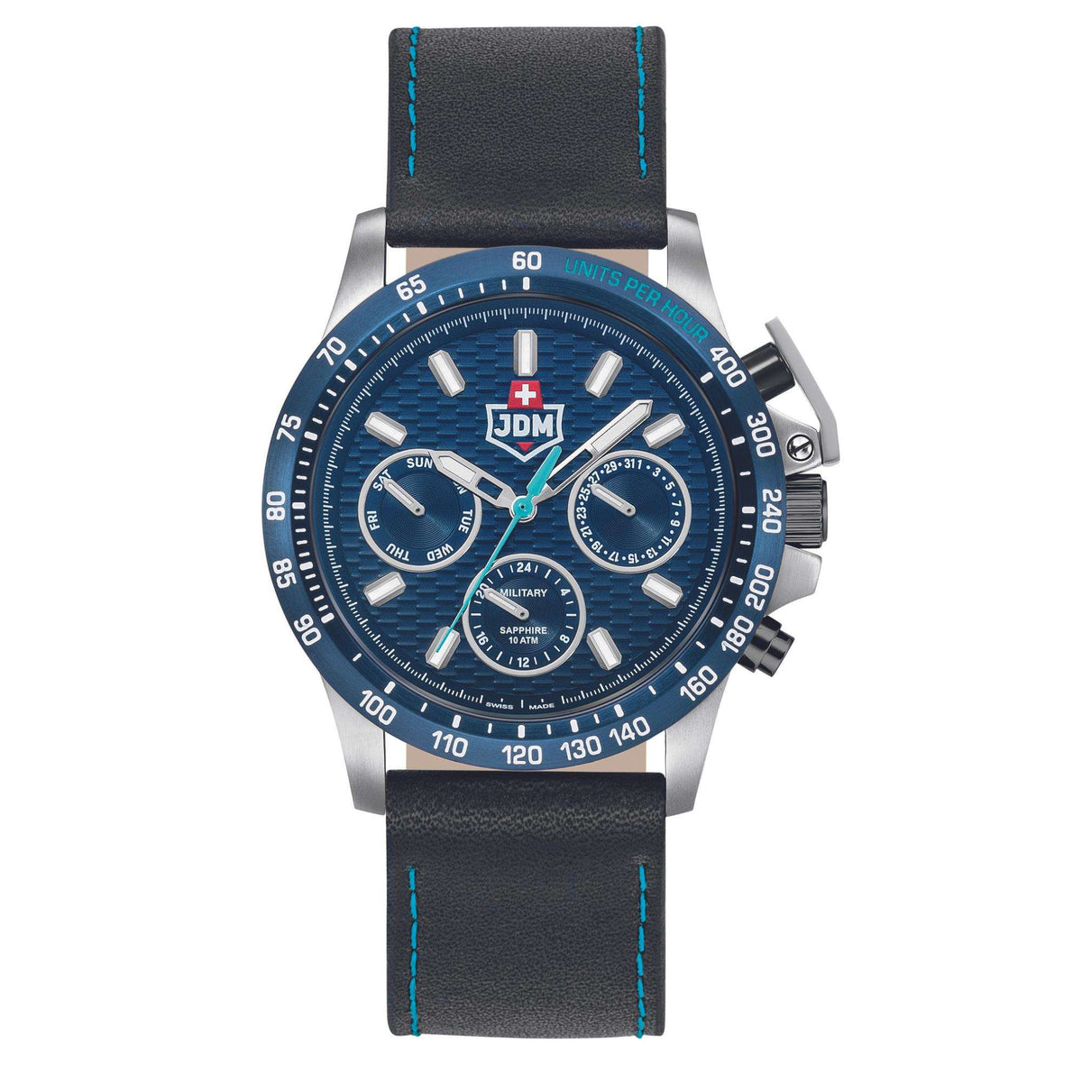 Men's black dial watch with blue markers, metal bezel, black leather strap with stitching