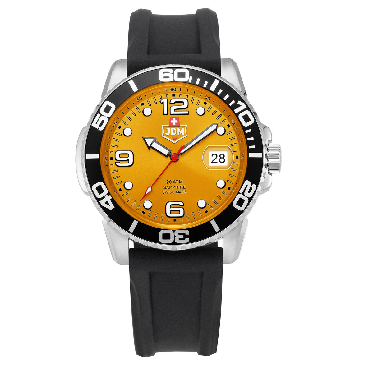 Men's JDM watch with orange dial and black silicone strap, black bezel, and date window at 3 o'clock