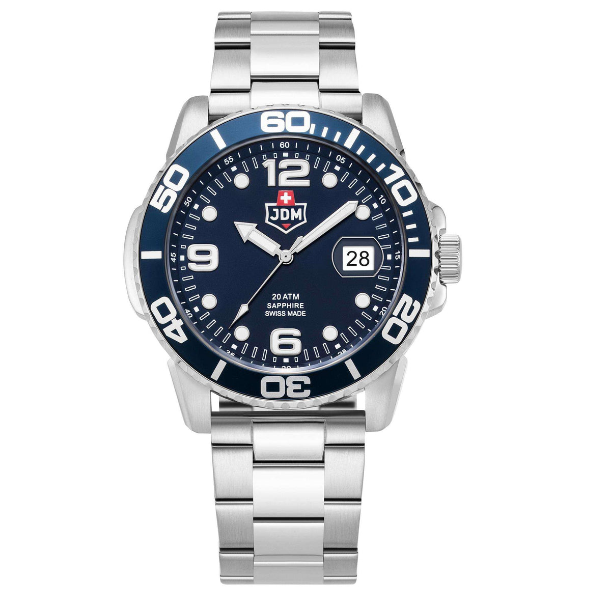 Men's blue-dial stainless steel bracelet watch with date window at 3 o'clock