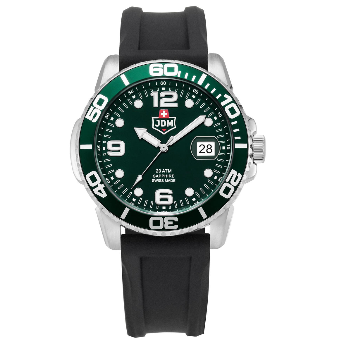 Men's wristwatch with green dial and black silicone strap, date window at 28