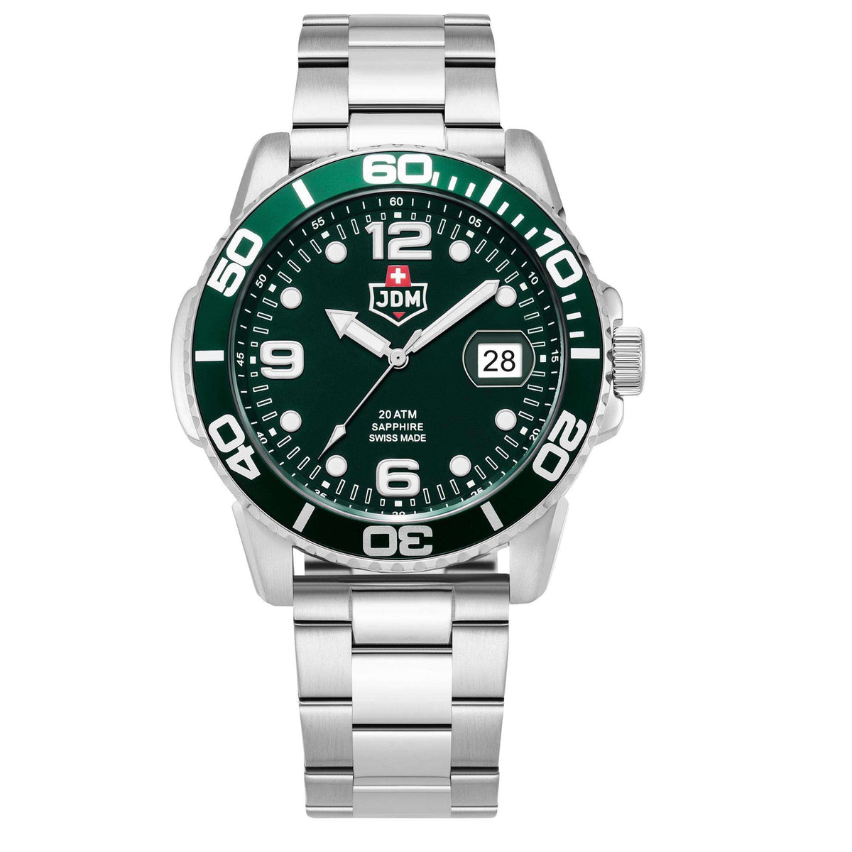 Men's wristwatch with green dial and stainless steel bracelet, rotating bezel details