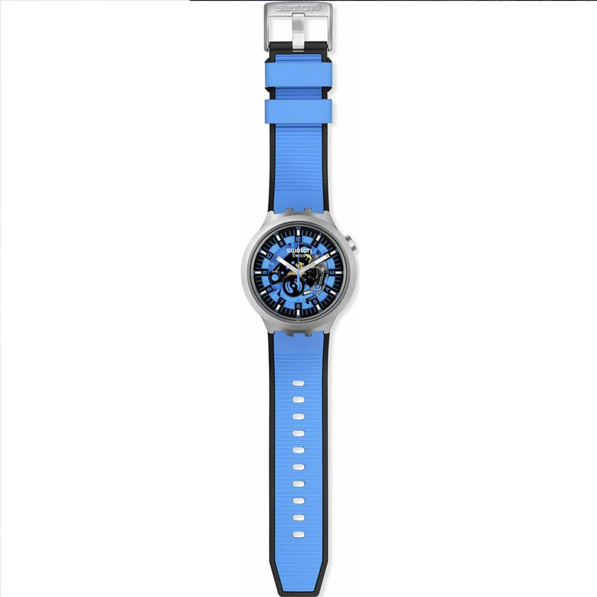 Swatch blue rubber strap quartz watch with blue dial and silver-tone bezel