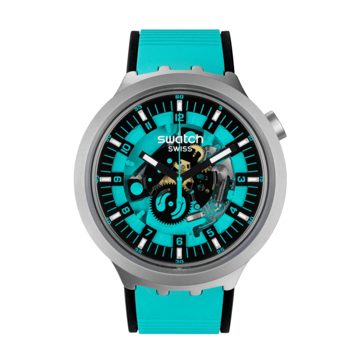 Unisex quartz wristwatch front view: teal skeleton dial, turquoise band, gray case