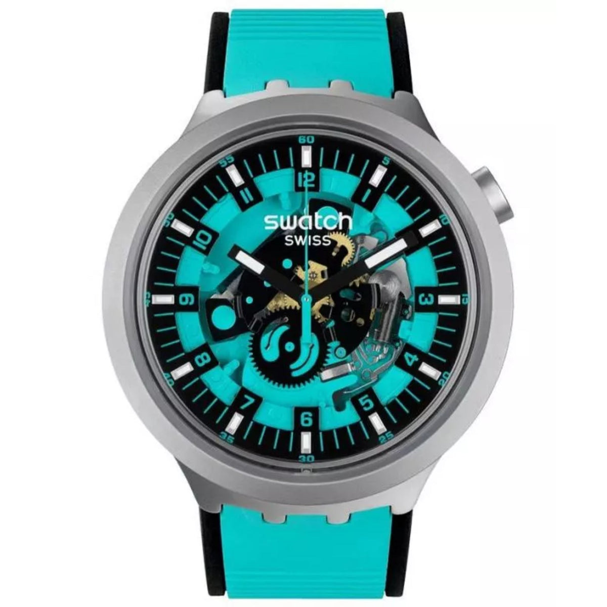 Unisex quartz wristwatch front view with turquoise strap, teal dial, gray rugged case