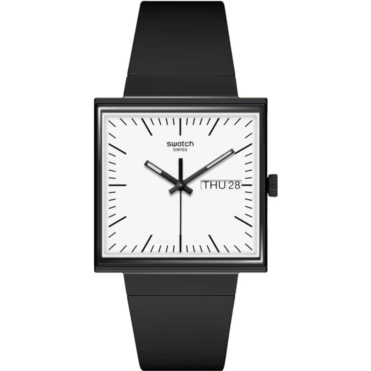 Square black case watch with white dial, black hands, date, black rubber strap