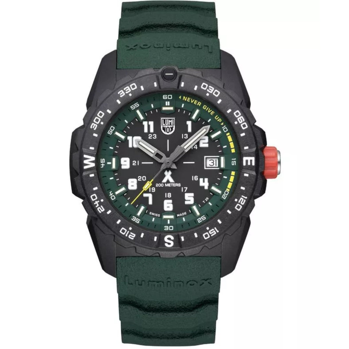 Men's 43mm quartz watch with dark bezel, dark green dial, and rubber strap