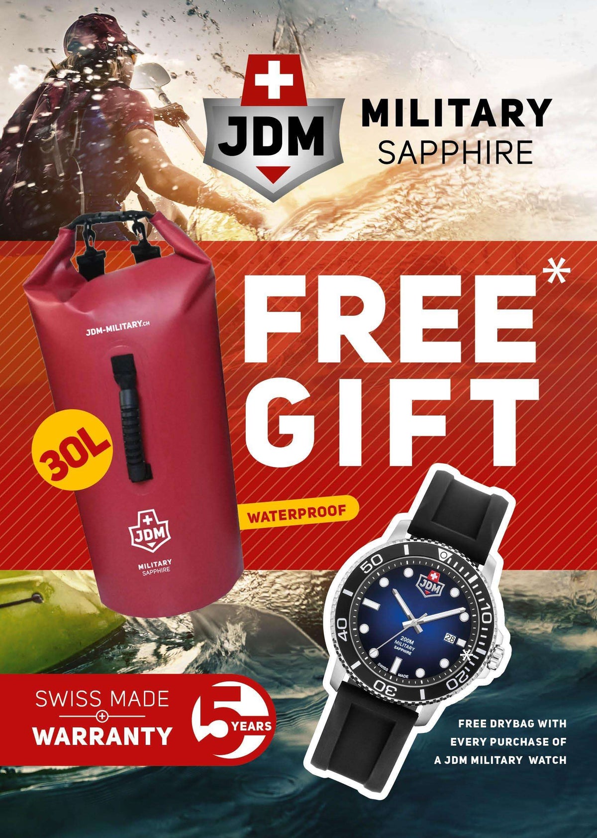 Red 30L dry bag for military use with roll-top closure and black buckle; watch included