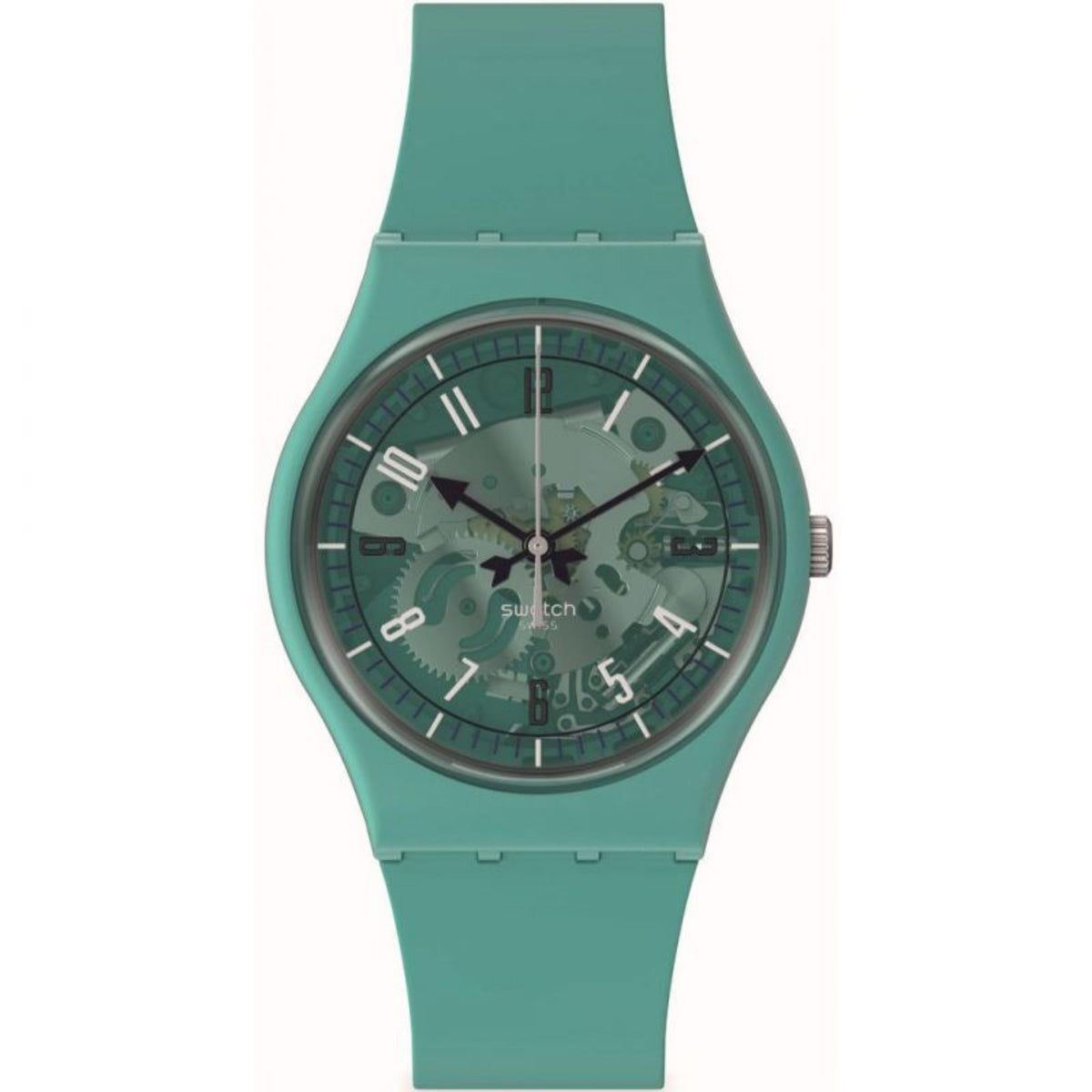 Turquoise silicone skeleton dial watch with graphic dial details, round case and markers