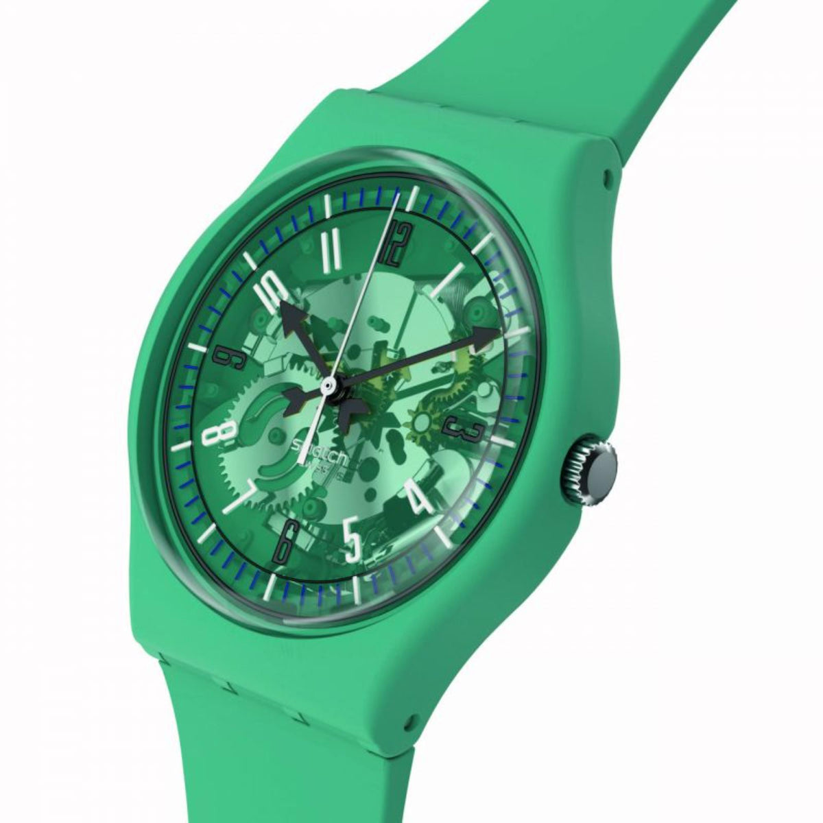 Bright teal silicone skeleton dial watch, angled view with side crown and markers