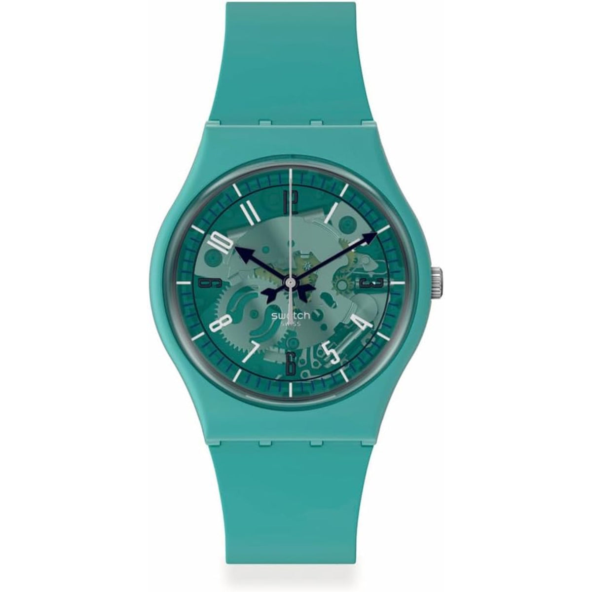 Turquoise silicone skeleton dial watch with dark hour numerals and multiple dial cutouts