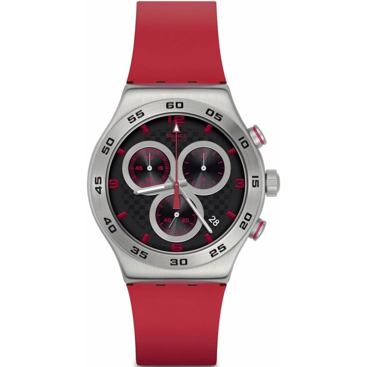 Red silicone strap chronograph watch with silver-tone case and three red-black subdials