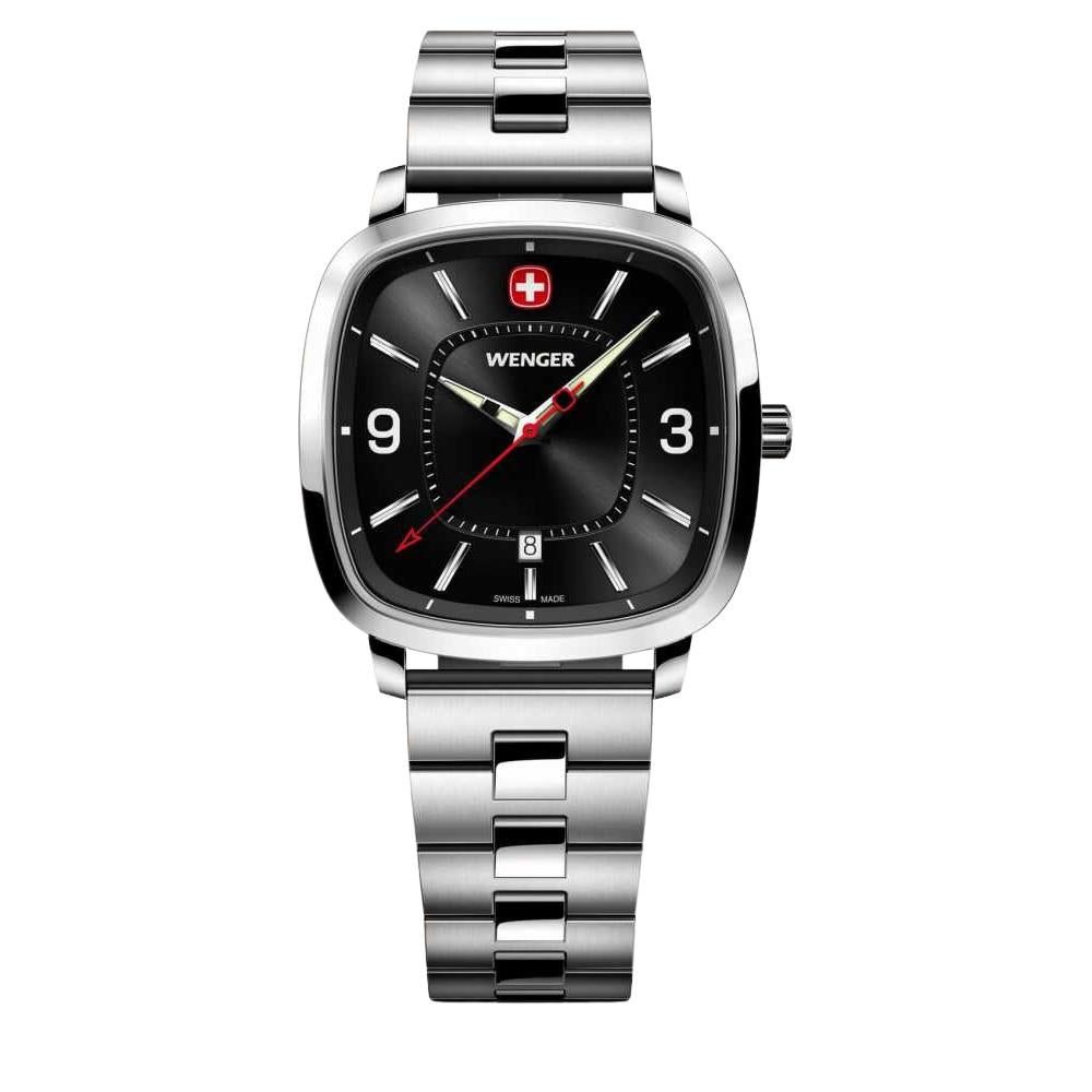 Men's Wenger stainless steel quartz watch with black dial, date window, link bracelet