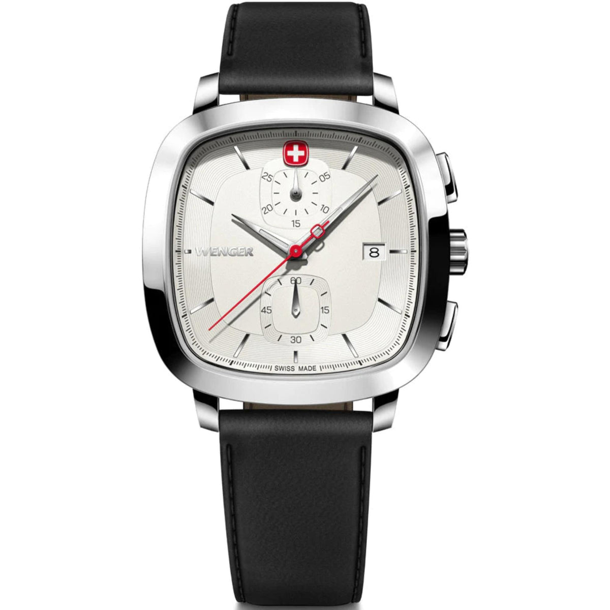 Men's silver chronograph watch, white dial with subdials, black leather strap.