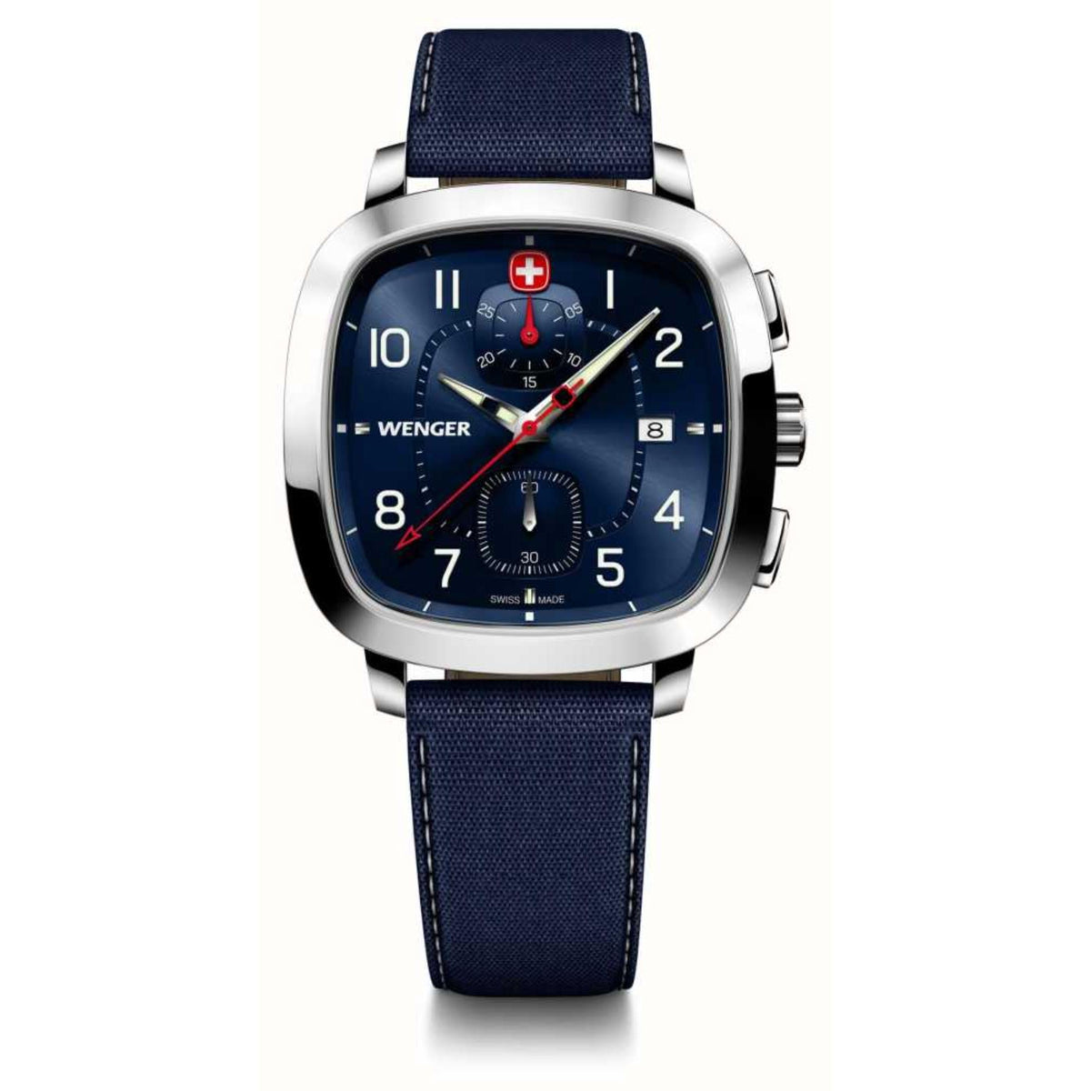 Men's blue-dial chrono watch with navy fabric band and silver bezel, visible crown buttons