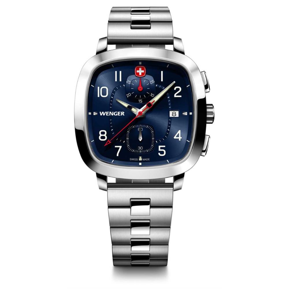 Men's stainless steel bracelet chrono watch with blue dial, subdials, and date