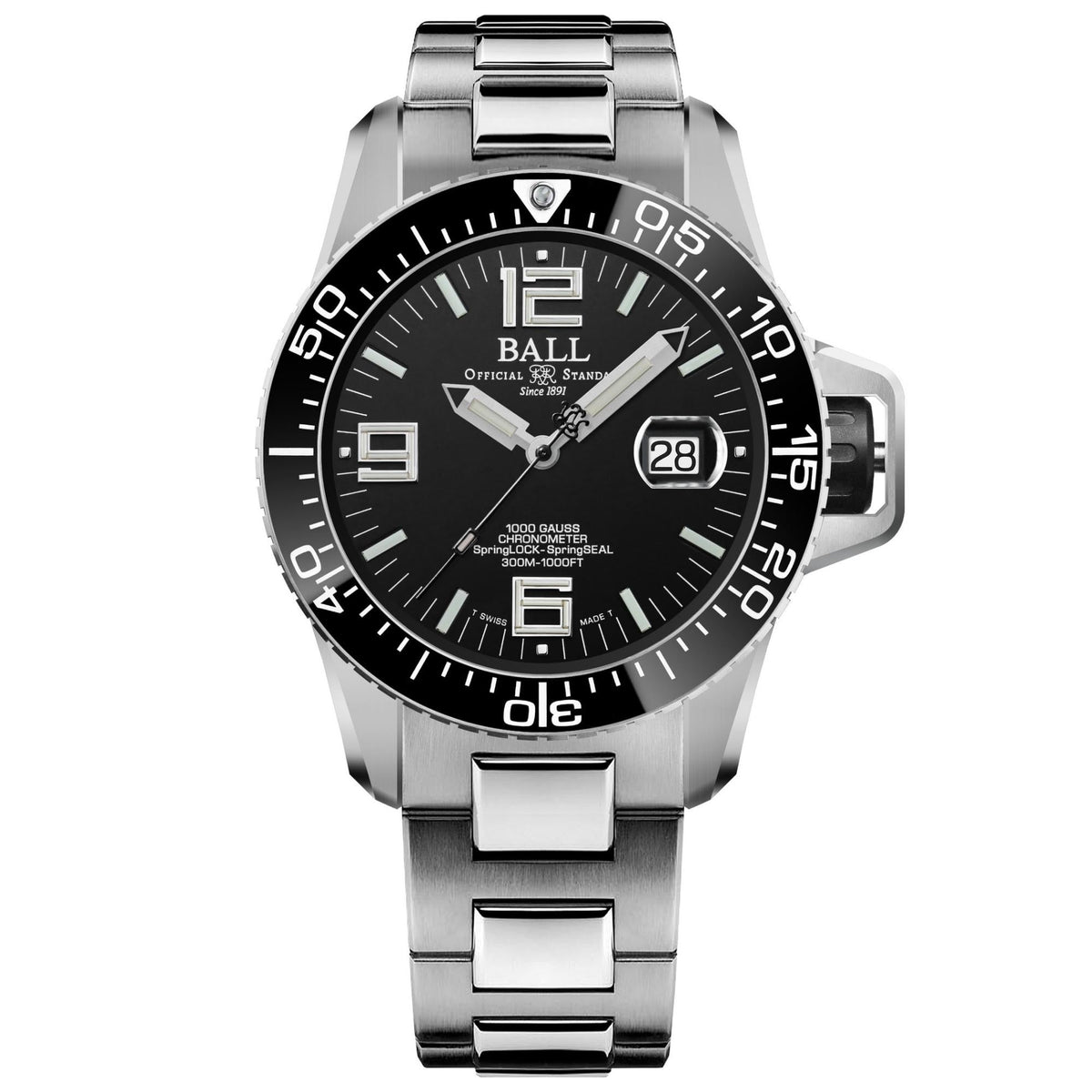 Men's automatic wristwatch with black dial, stainless bracelet, and date window at 3 o'clock