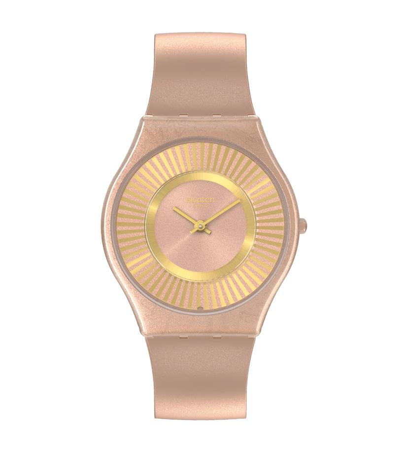 Swatch quartz watch with tawny silicone strap, round gold-tone dial with sunburst ring
