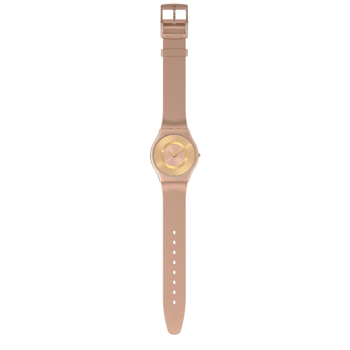 Swatch quartz watch with tawny silicone strap, buckle at top, gold sunburst dial