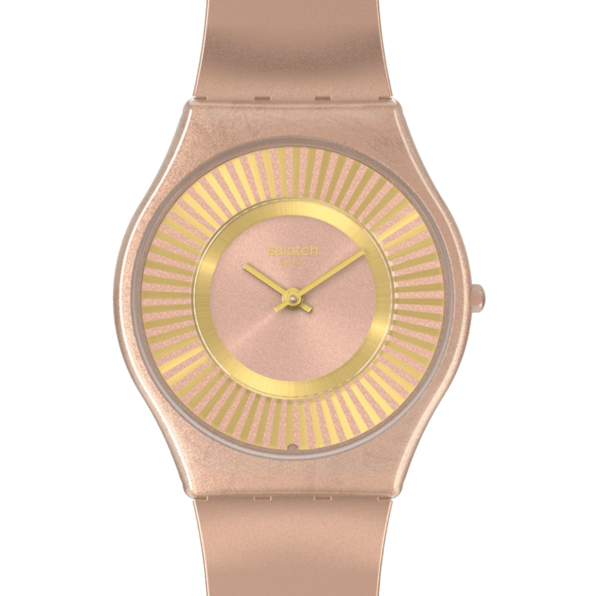 Swatch quartz watch front view, tawny silicone strap and gold sunburst dial
