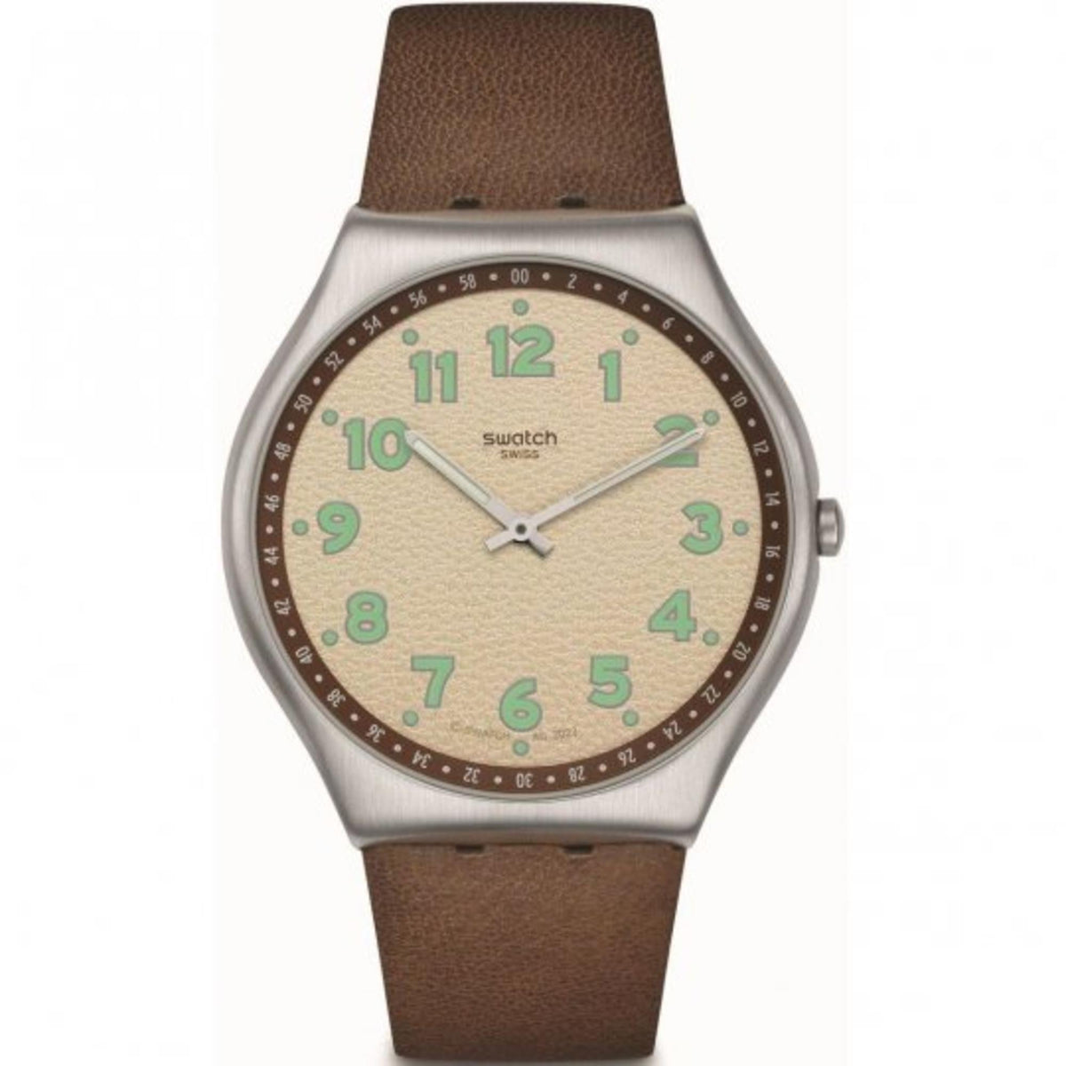 Round beige dial watch with brown leather strap, silver case, green numerals