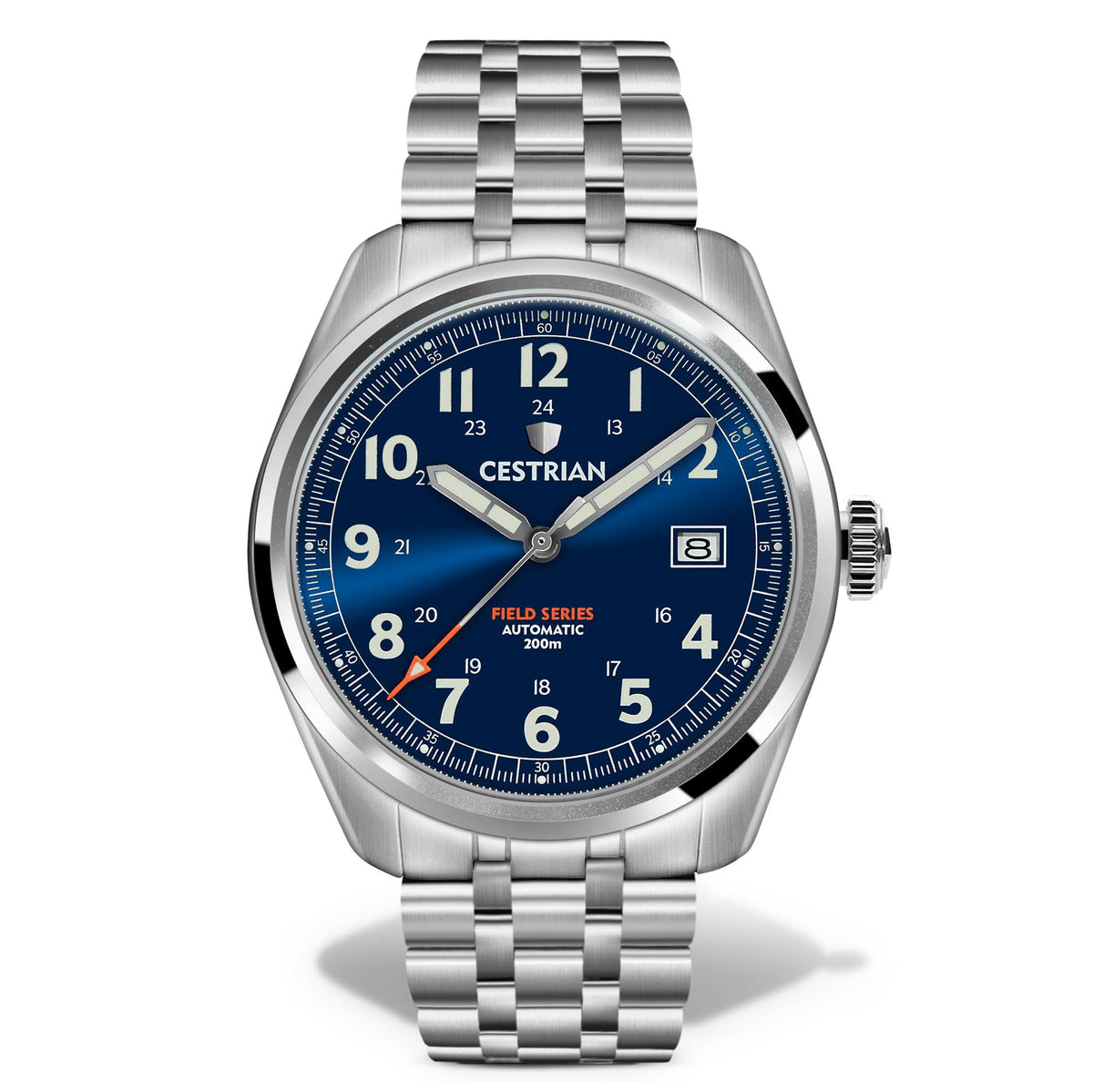 Men's stainless steel automatic watch, blue dial and metal bracelet with time numerals