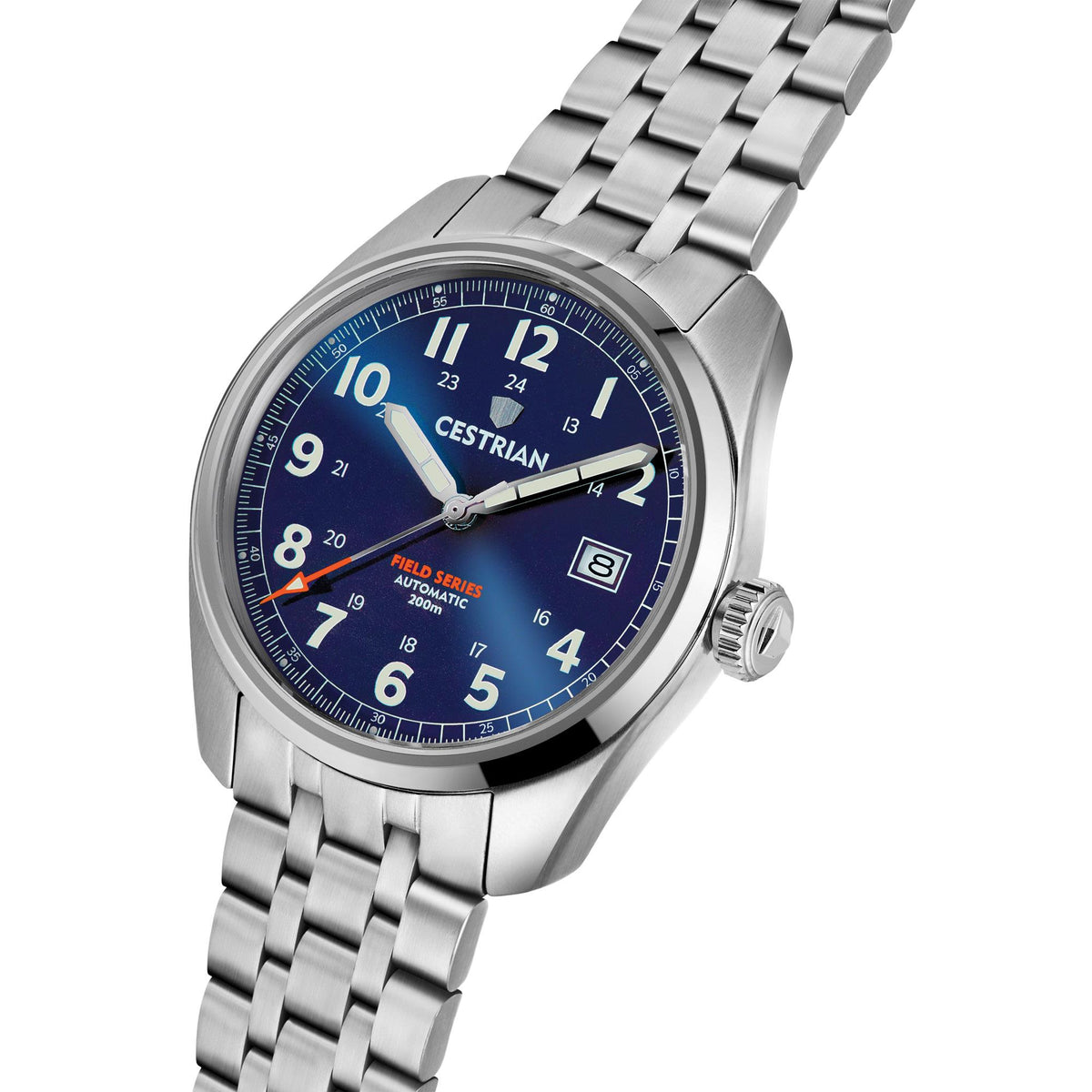 Men's stainless steel automatic watch angled view, blue dial with date window at 8