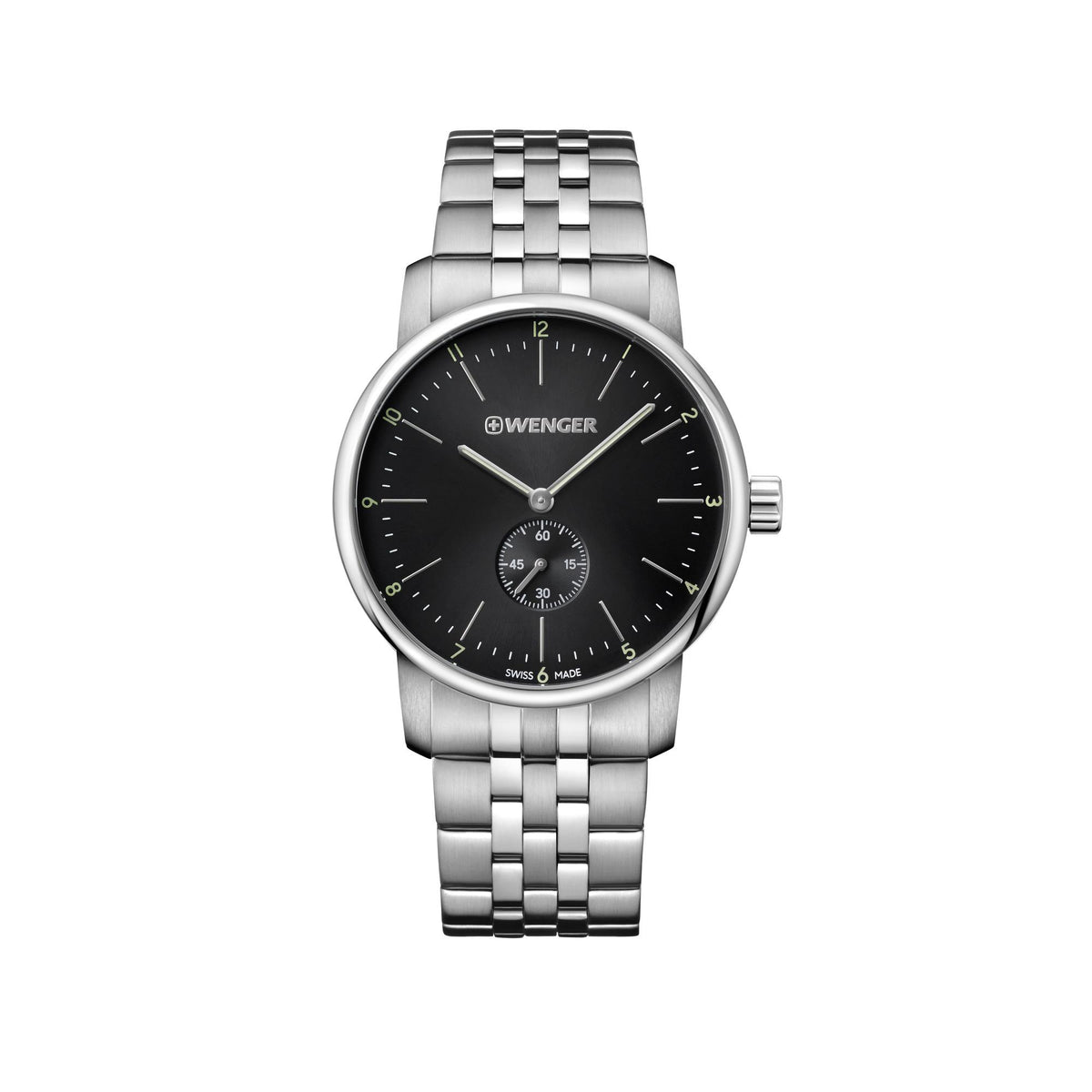Stainless steel watch with black face, slim bezel, and linked metal bracelet.