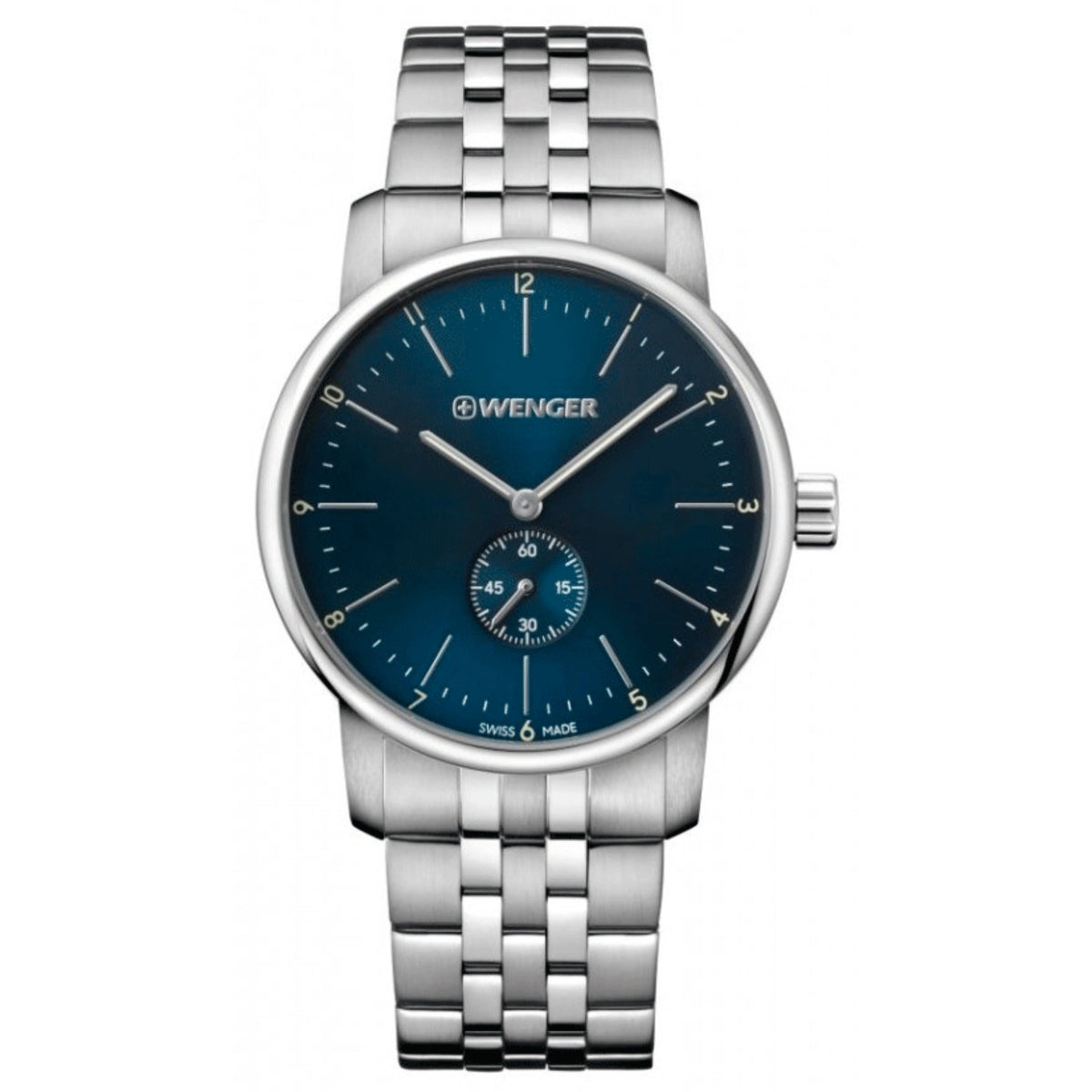Men's stainless steel quartz watch with blue dial, subdial, linked bracelet, round silver case
