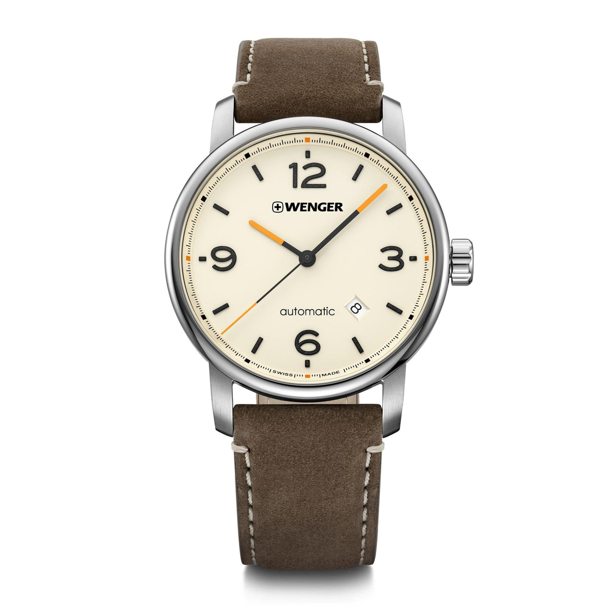 Men's automatic wrist watch with cream dial, black hands, brown leather strap front view