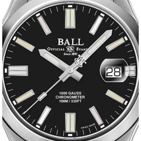 Black dial men's watch with silver hands, BALL logo, and date window at 28
