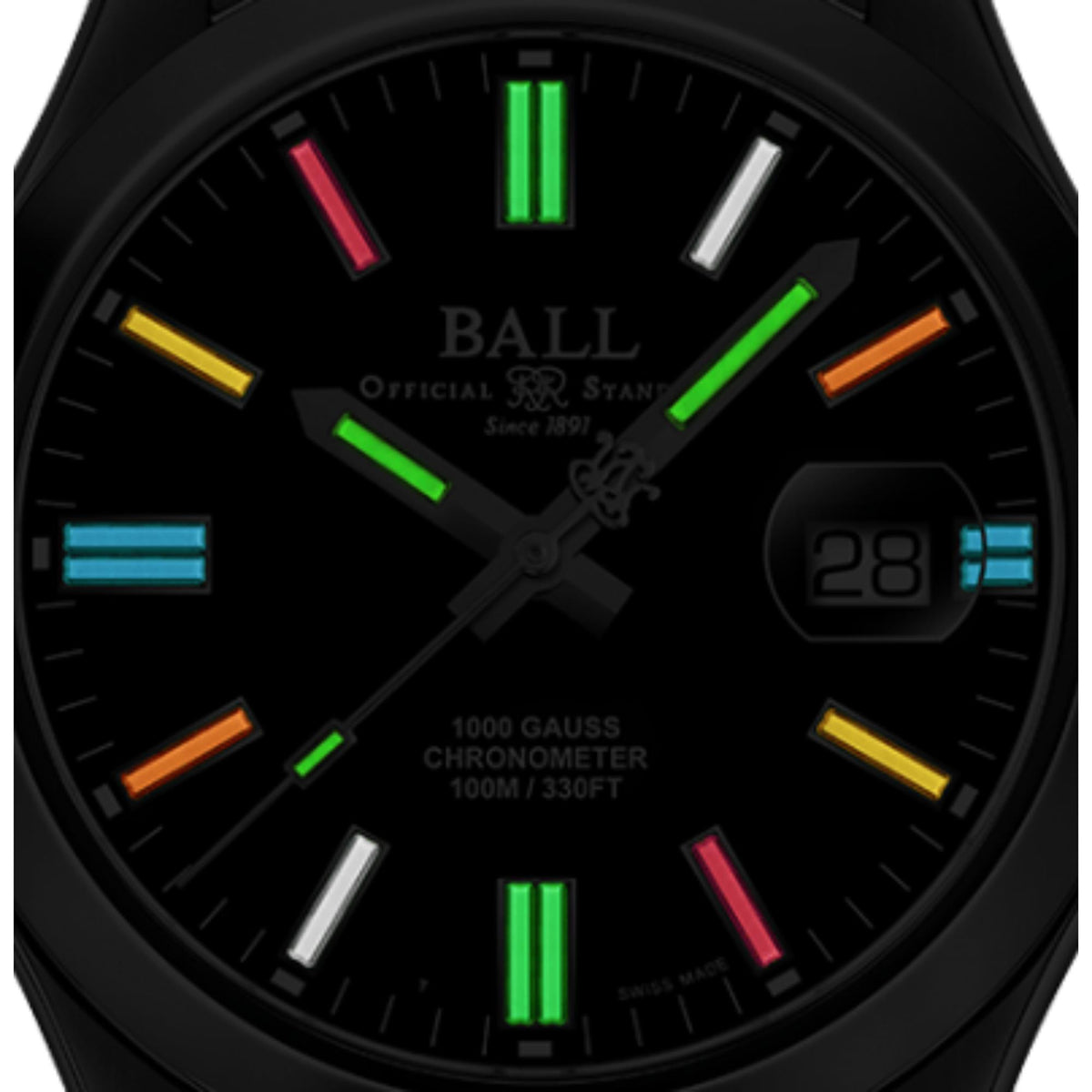 Black dial watch close-up with neon green, orange, and pink indices and date window