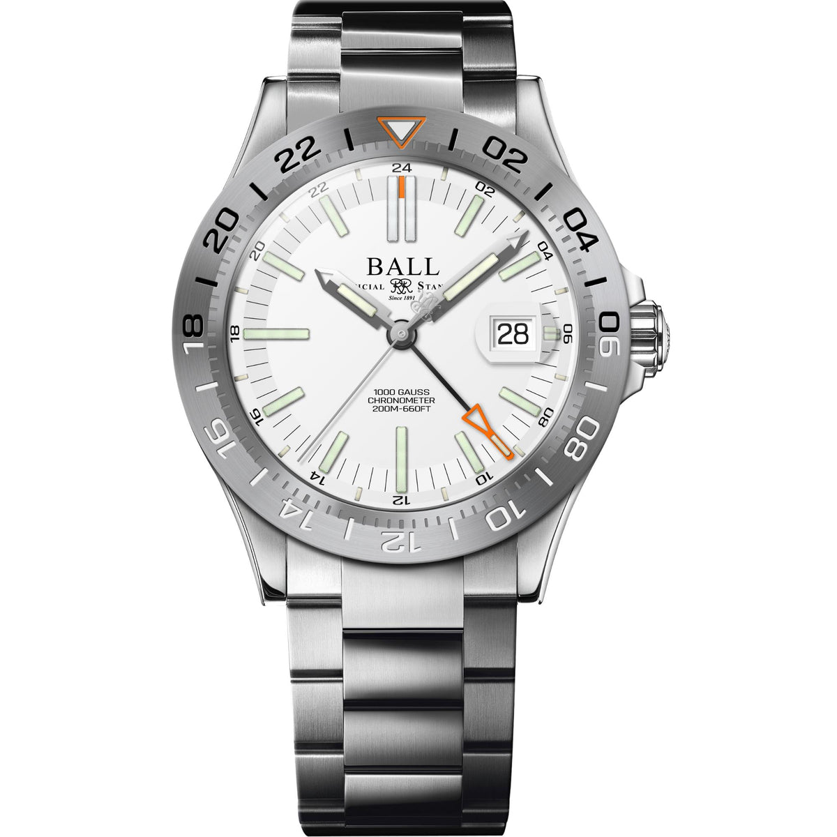 Automatic wristwatch with white dial, silver bracelet, and multicolor hands plus date window