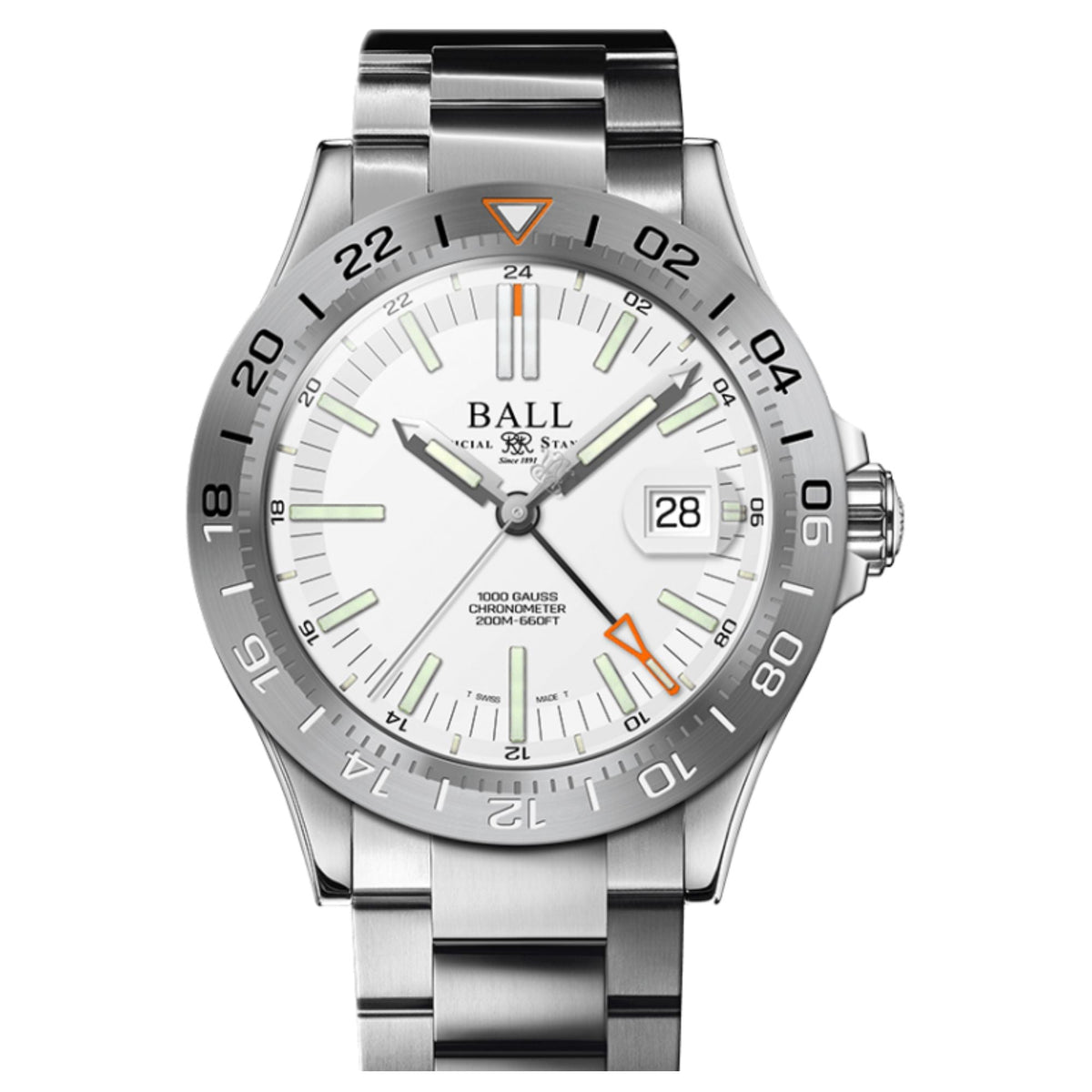 Automatic wristwatch with silver case and white dial, orange accents, and date window at 3